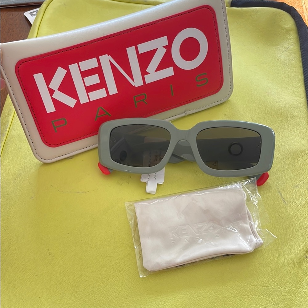Kenzo Sage Green Rectangular Sunglasses with Red Temple Tips